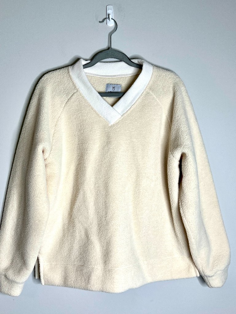 Dudley Stephens Cream V-Neck Sherpa Fleece Pullover Cabin Outdoor Ski Apres L